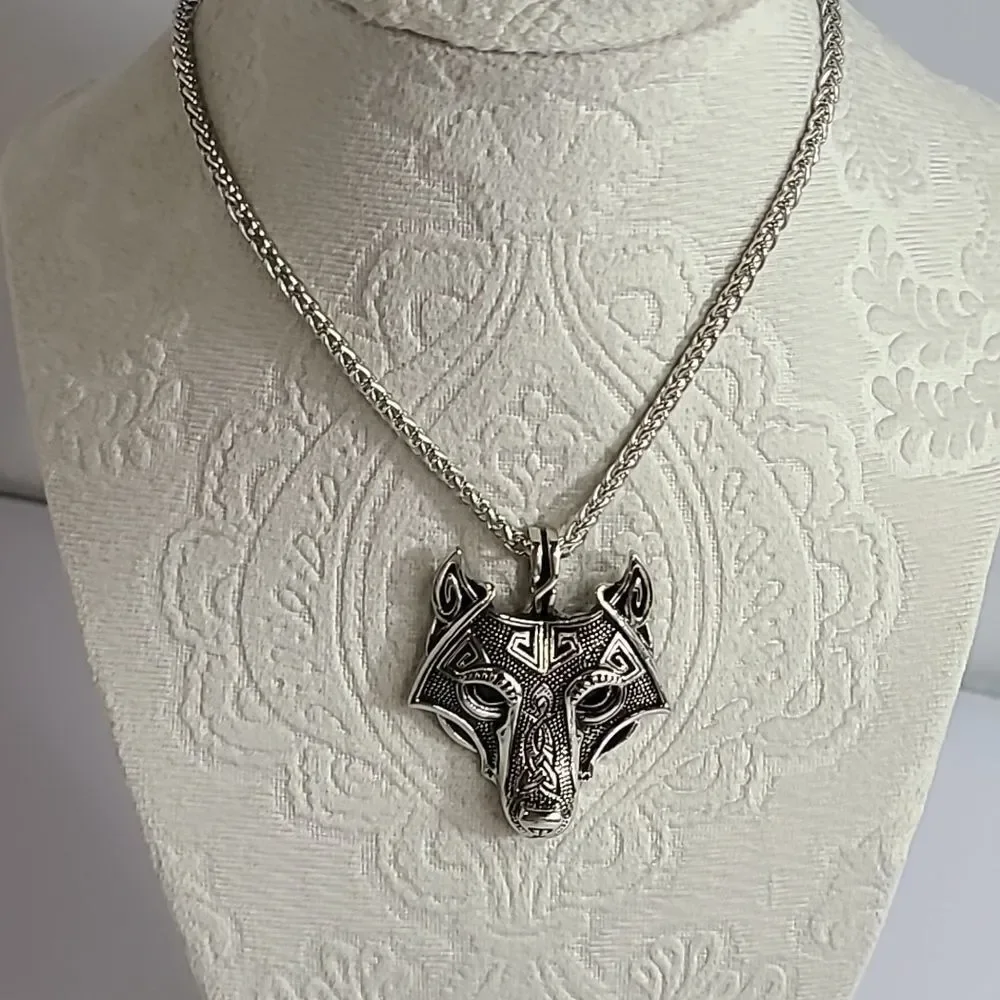 Nordic Viking Fenrir Wolf Head Stainless Steel Pendant Men's Necklace Norse NEW